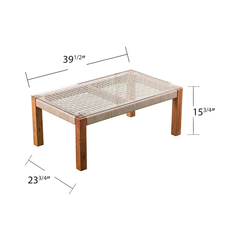 SEI Furniture Belen Contemporary Natural Acacia Wood Cocktail Table with Glass Top and Rope Detail