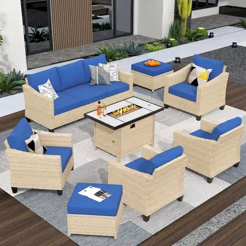 HOOOWOOO 8-piece Wicker Patio Furniture Conversation Set with Fire Pit Table