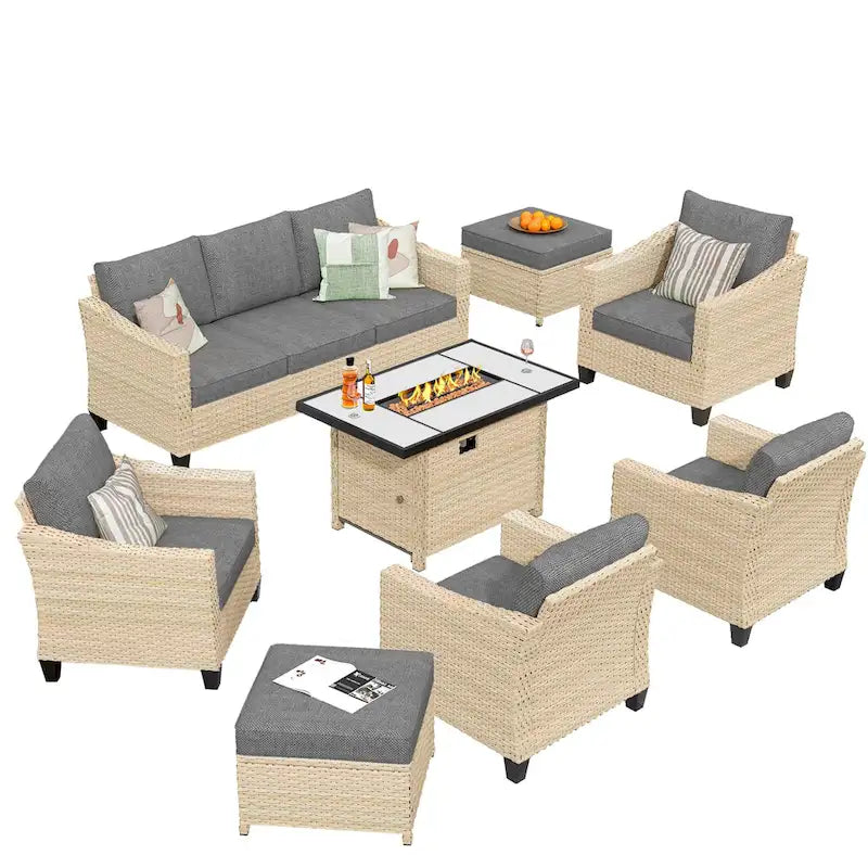 HOOOWOOO 8-piece Wicker Patio Furniture Conversation Set with Fire Pit Table