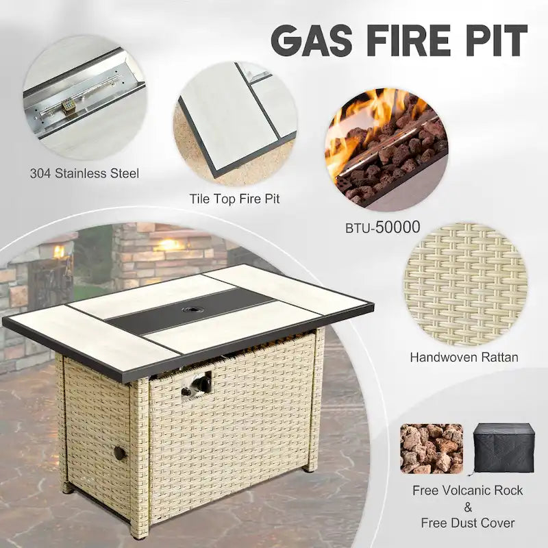 HOOOWOOO 8-piece Wicker Patio Furniture Conversation Set with Fire Pit Table