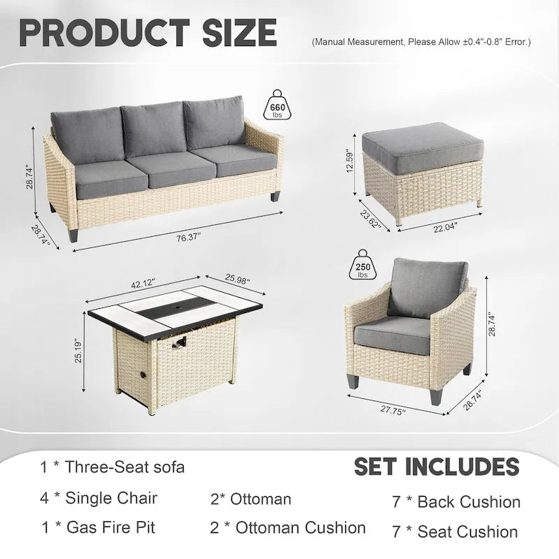 HOOOWOOO 8-piece Wicker Patio Furniture Conversation Set with Fire Pit Table