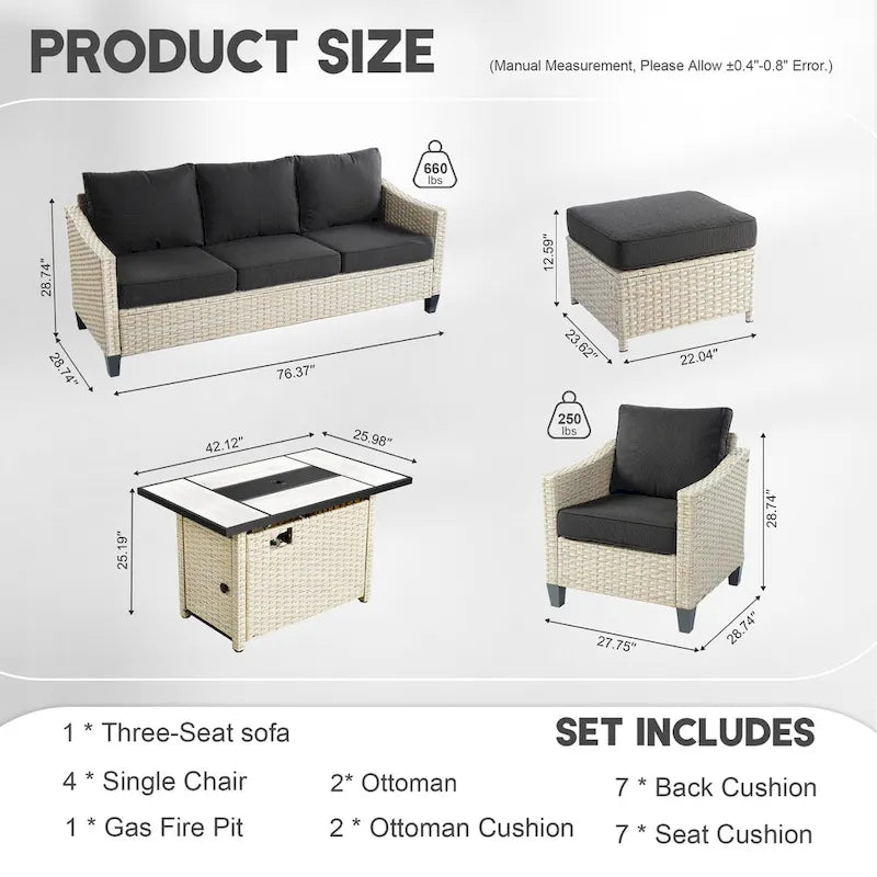 HOOOWOOO 8-piece Wicker Patio Furniture Conversation Set with Fire Pit Table