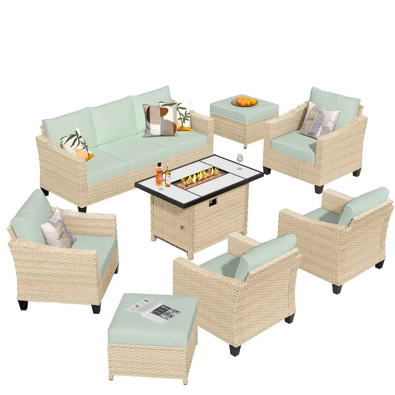 HOOOWOOO 8-piece Wicker Patio Furniture Conversation Set with Fire Pit Table
