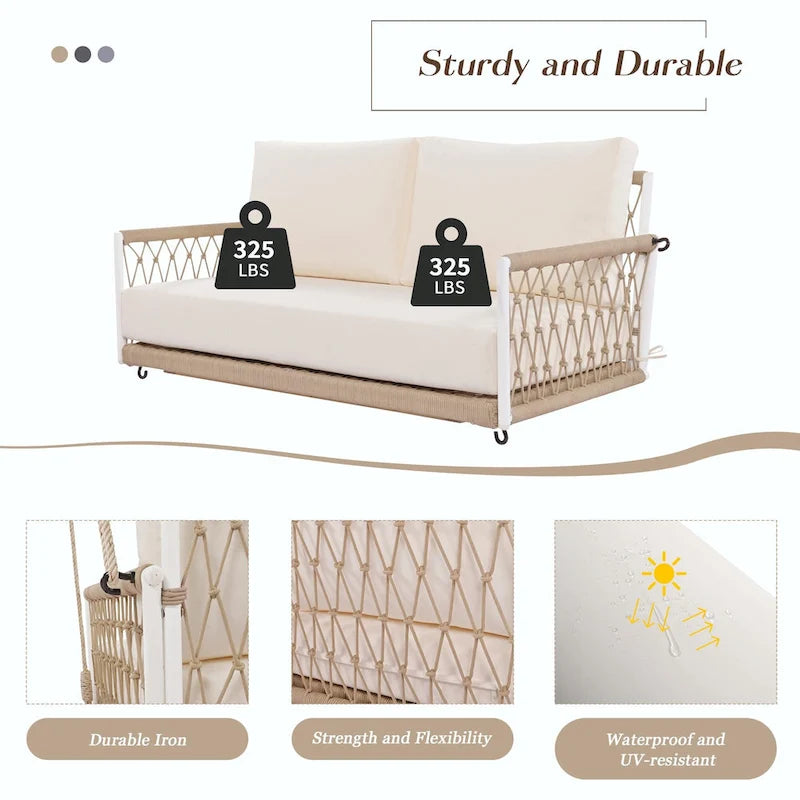 Outdoor Woven Rope Swing Sofa with Soft Cushions