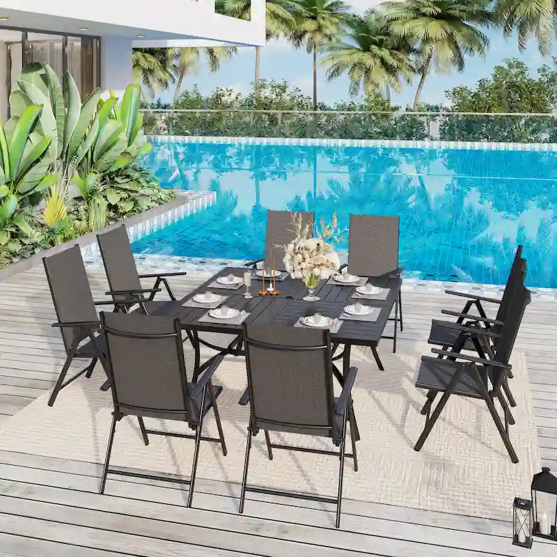 9 Pieces Patio Dining Set, 60 Inch Square Metal Table and Sling Dining Chairs Seats Up to 8