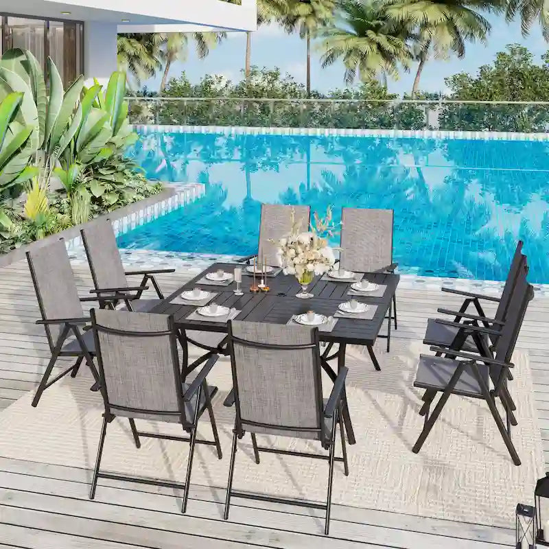 9 Pieces Patio Dining Set, 60 Inch Square Metal Table and Sling Dining Chairs Seats Up to 8