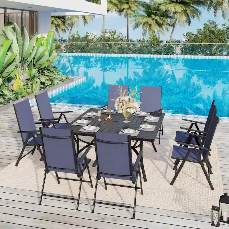 9 Pieces Patio Dining Set, 60 Inch Square Metal Table and Sling Dining Chairs Seats Up to 8