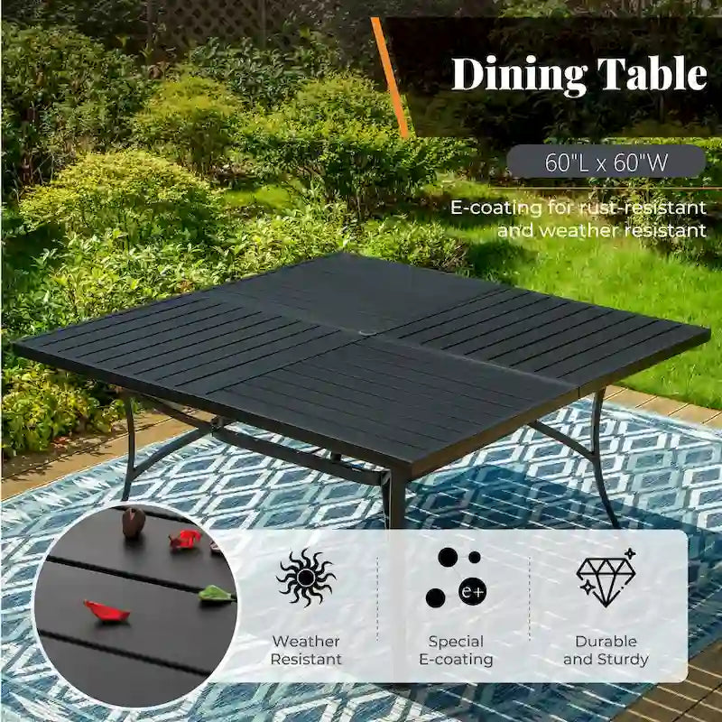 9 Pieces Patio Dining Set, 60 Inch Square Metal Table and Sling Dining Chairs Seats Up to 8