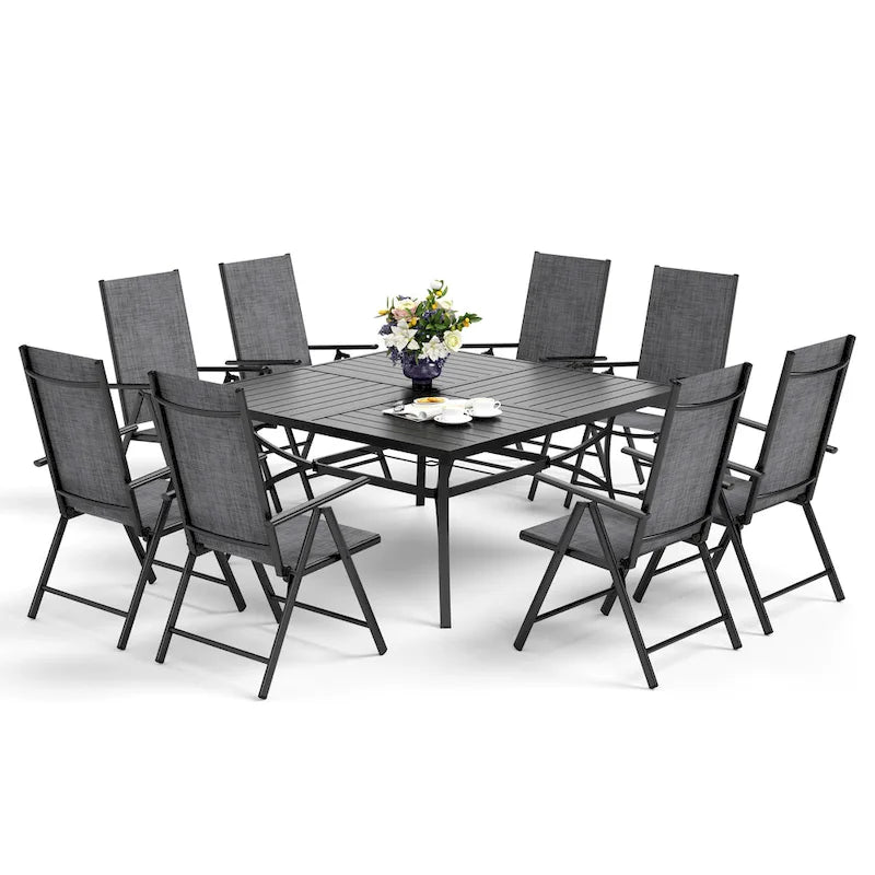 9 Pieces Patio Dining Set, 60 Inch Square Metal Table and Sling Dining Chairs Seats Up to 8