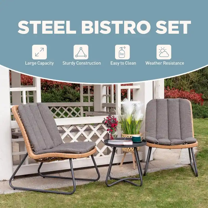 Patio Furniture Sets Rattan Wicker Outdoor Bistro Sets with Cushions (Set of 3) - 23.23L x 29.53W x 32.28H