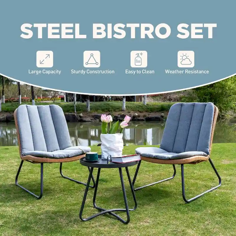 Patio Furniture Sets Rattan Wicker Outdoor Bistro Sets with Cushions (Set of 3) - 23.23L x 29.53W x 32.28H