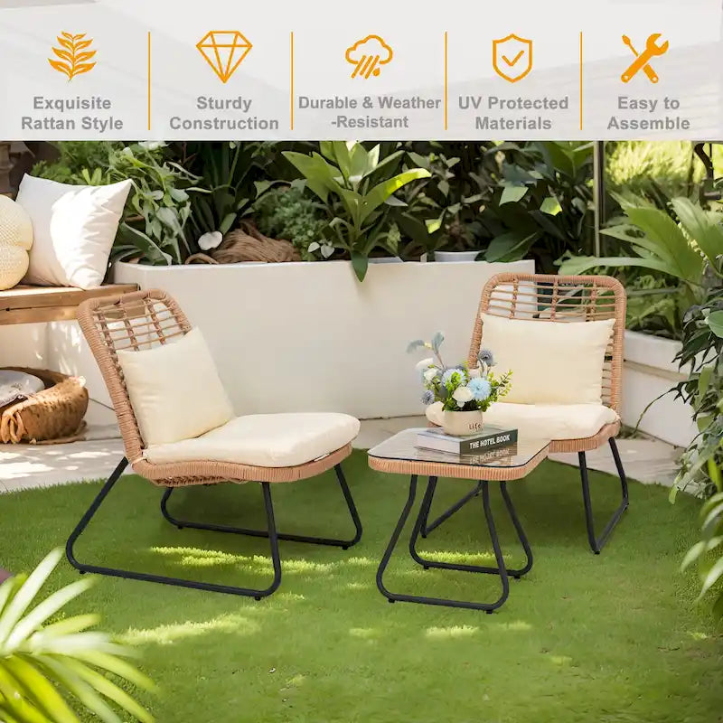 Patio Furniture Sets Rattan Wicker Outdoor Bistro Sets with Cushions (Set of 3) - 23.23L x 29.53W x 32.28H