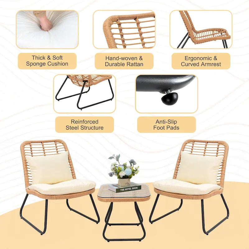 Patio Furniture Sets Rattan Wicker Outdoor Bistro Sets with Cushions (Set of 3) - 23.23L x 29.53W x 32.28H