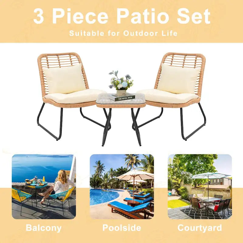 Patio Furniture Sets Rattan Wicker Outdoor Bistro Sets with Cushions (Set of 3) - 23.23L x 29.53W x 32.28H