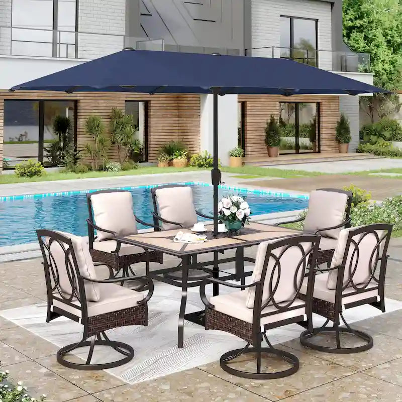 7/8-Piece Patio Dining Set of 6 Swivel Metal Rattan Chairs with Deep-seating Chairs and Wood-like Table & Outdoor Umbrella - N/A