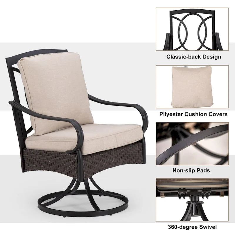 7/8-Piece Patio Dining Set of 6 Swivel Metal Rattan Chairs with Deep-seating Chairs and Wood-like Table & Outdoor Umbrella - N/A