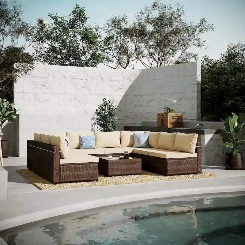 UPHA 9 Pieces Patio Furniture Set Outdoor Sectional Sofa Set, Brown PE Rattan Wicker Conversation Set with Coffee Table