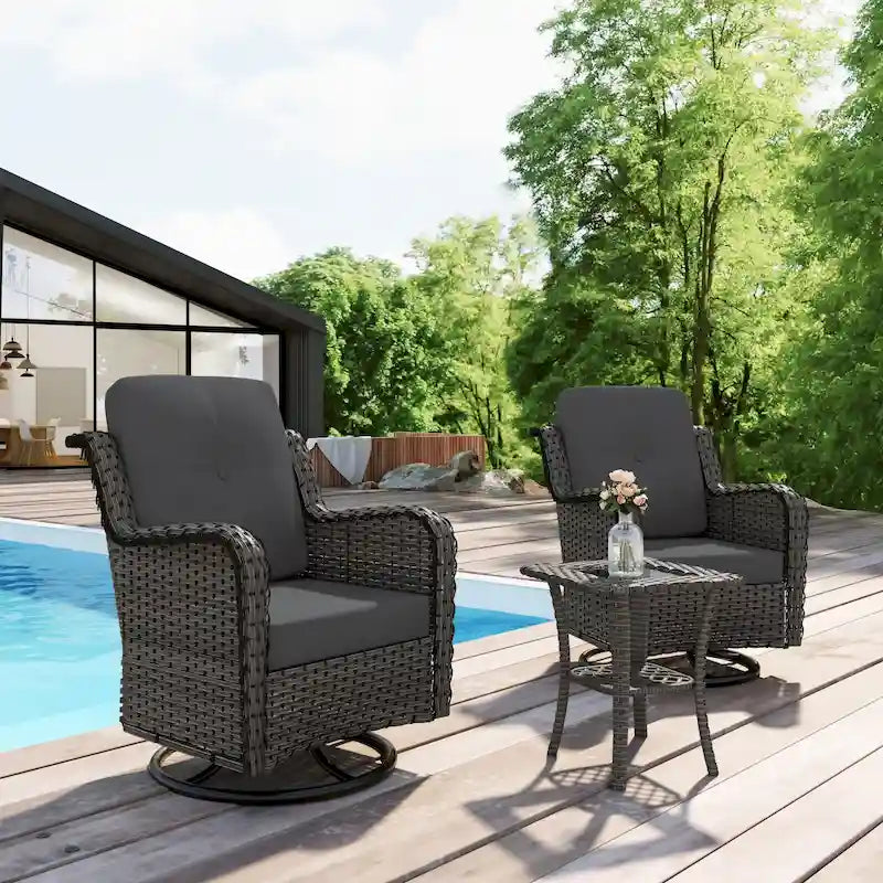 Outdoor 3 Pieces Rattan Wicker Bistro Set Swivel Rocker With Cushion & Table
