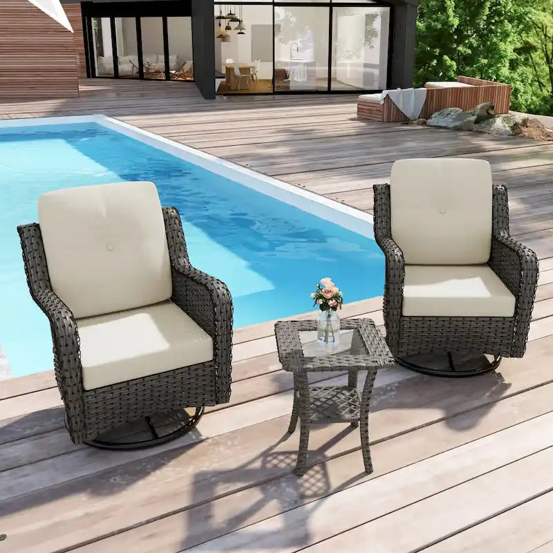 Outdoor 3 Pieces Rattan Wicker Bistro Set Swivel Rocker With Cushion & Table
