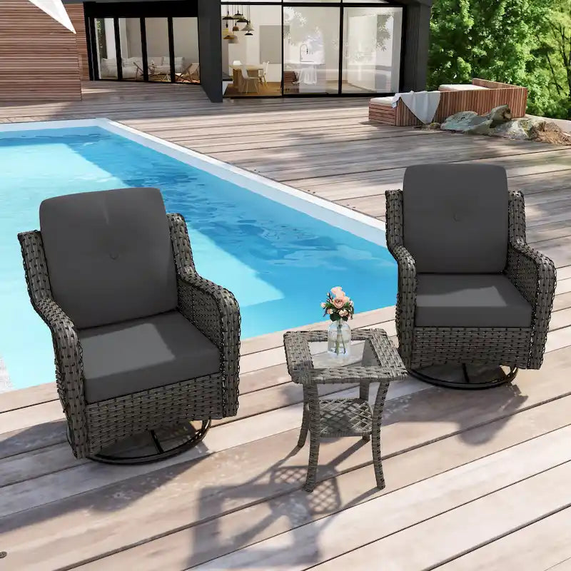 Outdoor 3 Pieces Rattan Wicker Bistro Set Swivel Rocker With Cushion & Table