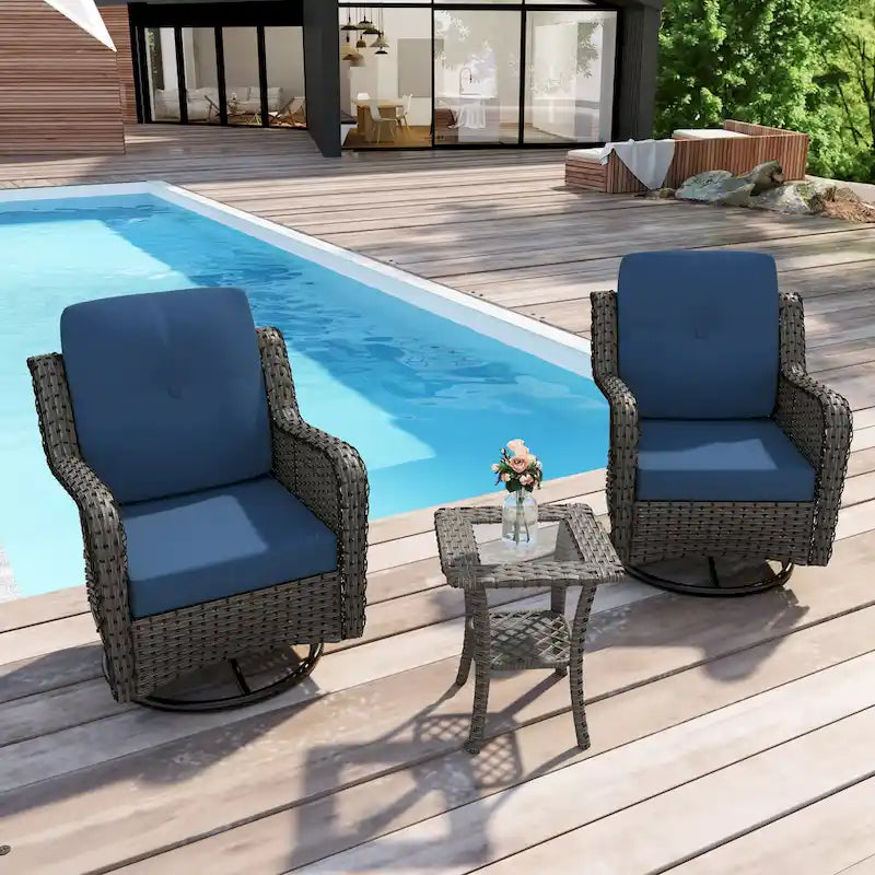 Outdoor 3 Pieces Rattan Wicker Bistro Set Swivel Rocker With Cushion & Table