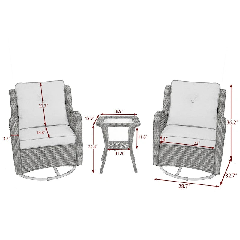 Outdoor 3 Pieces Rattan Wicker Bistro Set Swivel Rocker With Cushion & Table