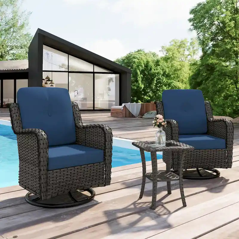 Outdoor 3 Pieces Rattan Wicker Bistro Set Swivel Rocker With Cushion & Table