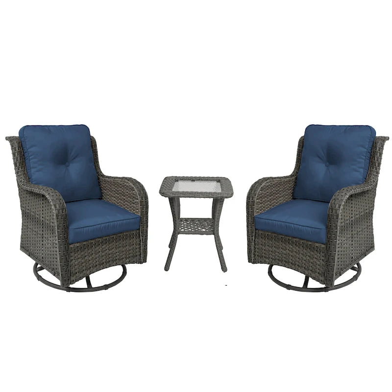Outdoor 3 Pieces Rattan Wicker Bistro Set Swivel Rocker With Cushion & Table