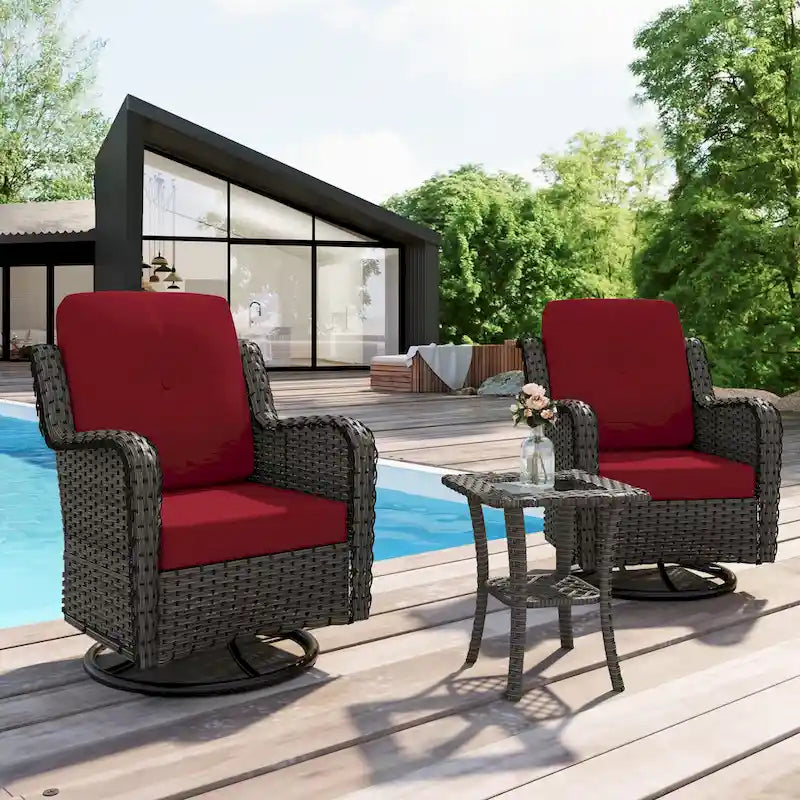Outdoor 3 Pieces Rattan Wicker Bistro Set Swivel Rocker With Cushion & Table
