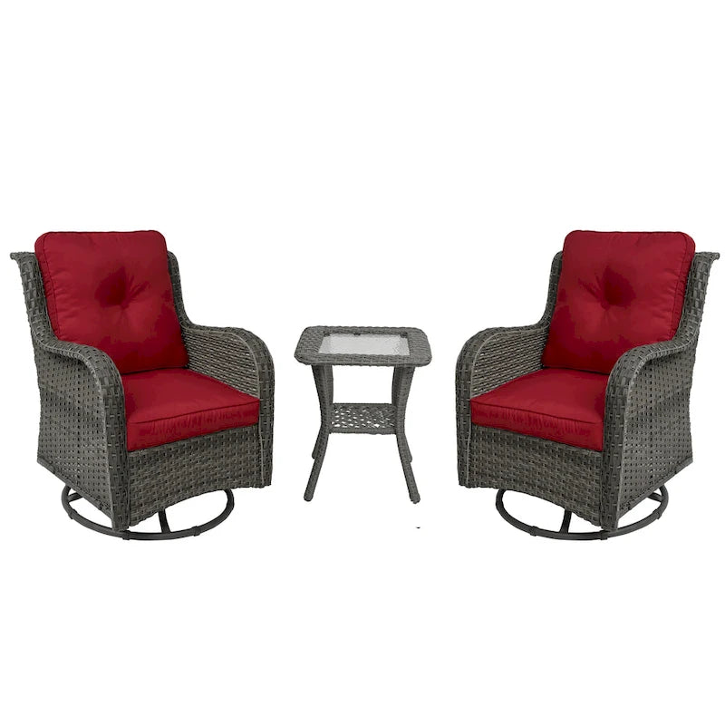 Outdoor 3 Pieces Rattan Wicker Bistro Set Swivel Rocker With Cushion & Table