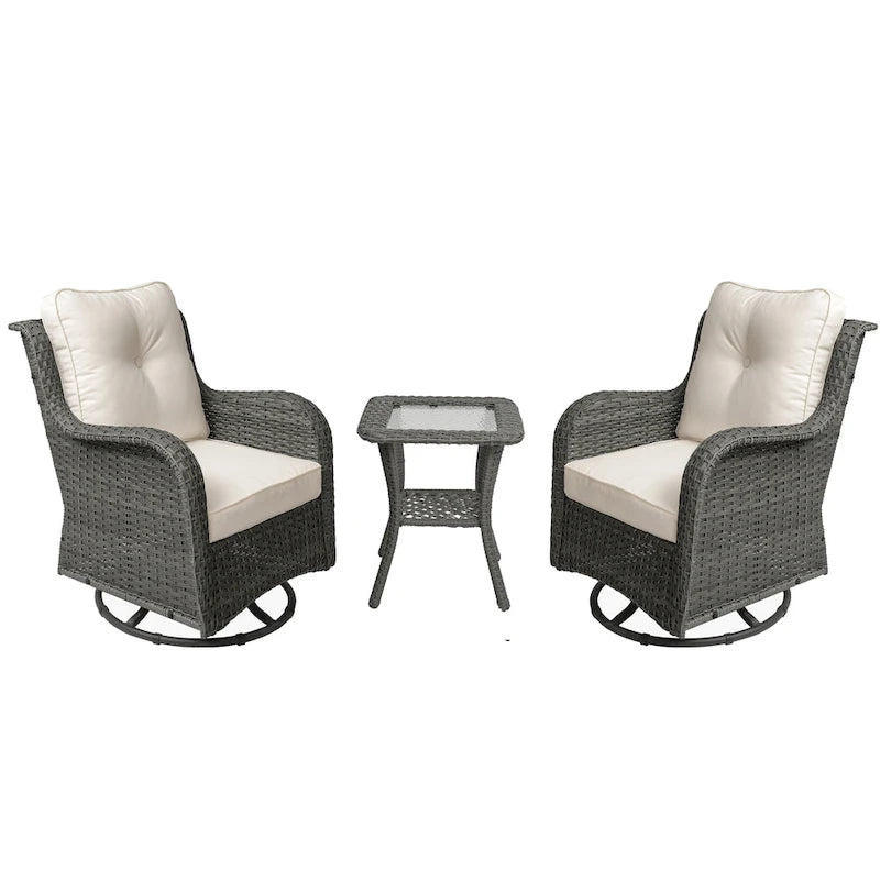 Outdoor 3 Pieces Rattan Wicker Bistro Set Swivel Rocker With Cushion & Table