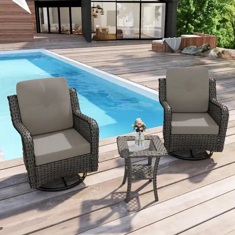 Outdoor 3 Pieces Rattan Wicker Bistro Set Swivel Rocker With Cushion & Table