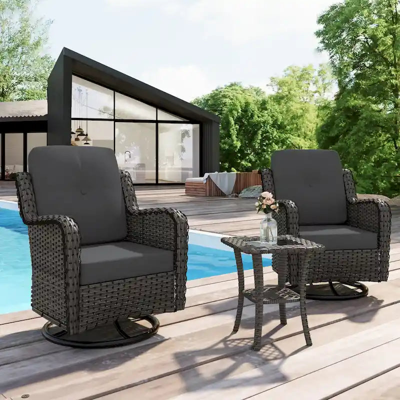Outdoor 3 Pieces Rattan Wicker Bistro Set Swivel Rocker With Cushion & Table