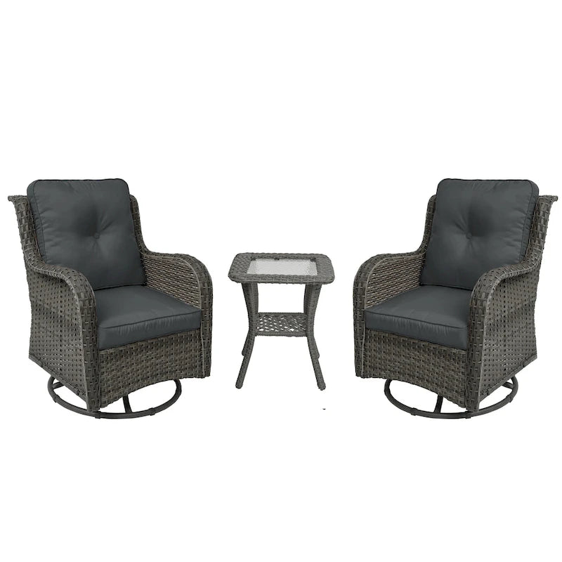 Outdoor 3 Pieces Rattan Wicker Bistro Set Swivel Rocker With Cushion & Table