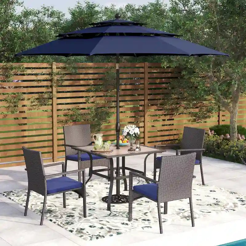 5-Piece Patio Dining Set, 36 Square Acacia Wood Table and 4 Rattan Armrest Chairs