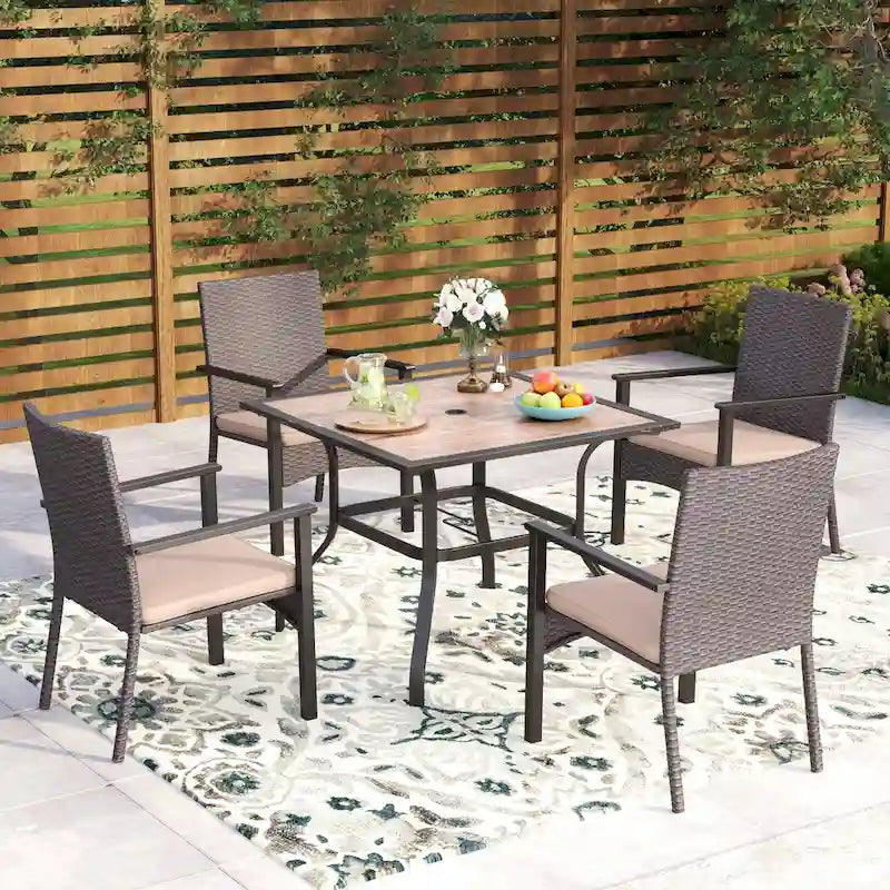 5-Piece Patio Dining Set, 36 Square Acacia Wood Table and 4 Rattan Armrest Chairs