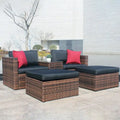 5 Piece Outdoor Wicker Sectional Conversation Sofa Set with Black Cushions and Red Pillows
