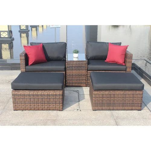 5 Piece Outdoor Wicker Sectional Conversation Sofa Set with Black Cushions and Red Pillows