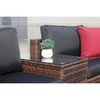 5 Piece Outdoor Wicker Sectional Conversation Sofa Set with Black Cushions and Red Pillows