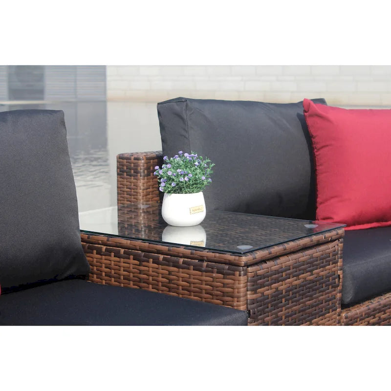 5 Piece Outdoor Wicker Sectional Conversation Sofa Set with Black Cushions and Red Pillows