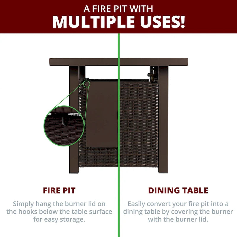 Lark Propane Fire Pit Table Set for Patio, Rattan Wicker (50,000 BTU)