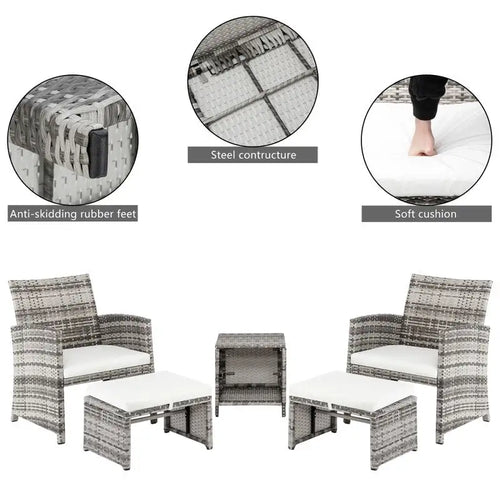 5 Piece Coastal Style Gray Rattan Conversation Set with White Cushions