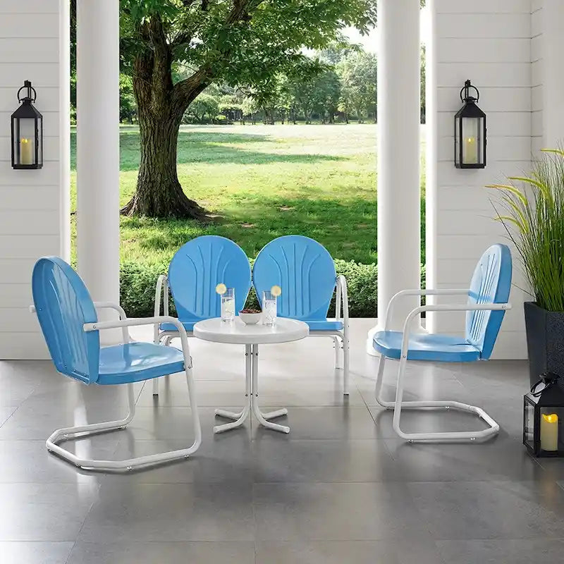 Griffith Sky Blue Finish Loveseat and 2 Chairs/White Finish Side Table Metal Outdoor Conversation Set