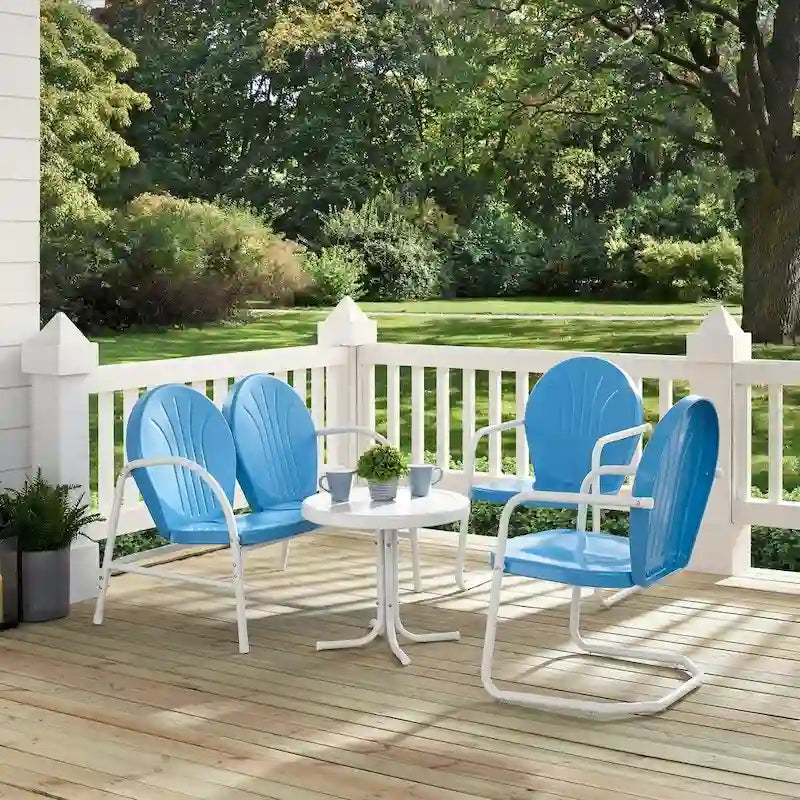 Griffith Sky Blue Finish Loveseat and 2 Chairs/White Finish Side Table Metal Outdoor Conversation Set