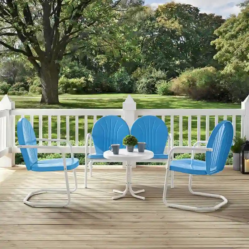 Griffith Sky Blue Finish Loveseat and 2 Chairs/White Finish Side Table Metal Outdoor Conversation Set