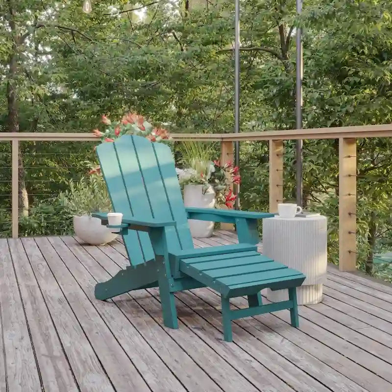 Commercial All-Weather Adirondack Chair with Pullout Ottoman & Cupholder
