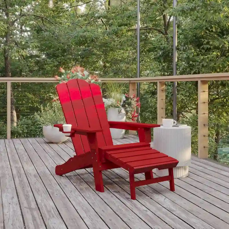 Commercial All-Weather Adirondack Chair with Pullout Ottoman & Cupholder
