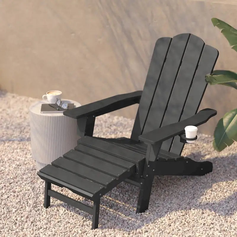 Commercial All-Weather Adirondack Chair with Pullout Ottoman & Cupholder