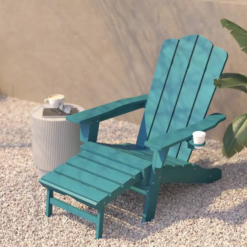 Commercial All-Weather Adirondack Chair with Pullout Ottoman & Cupholder