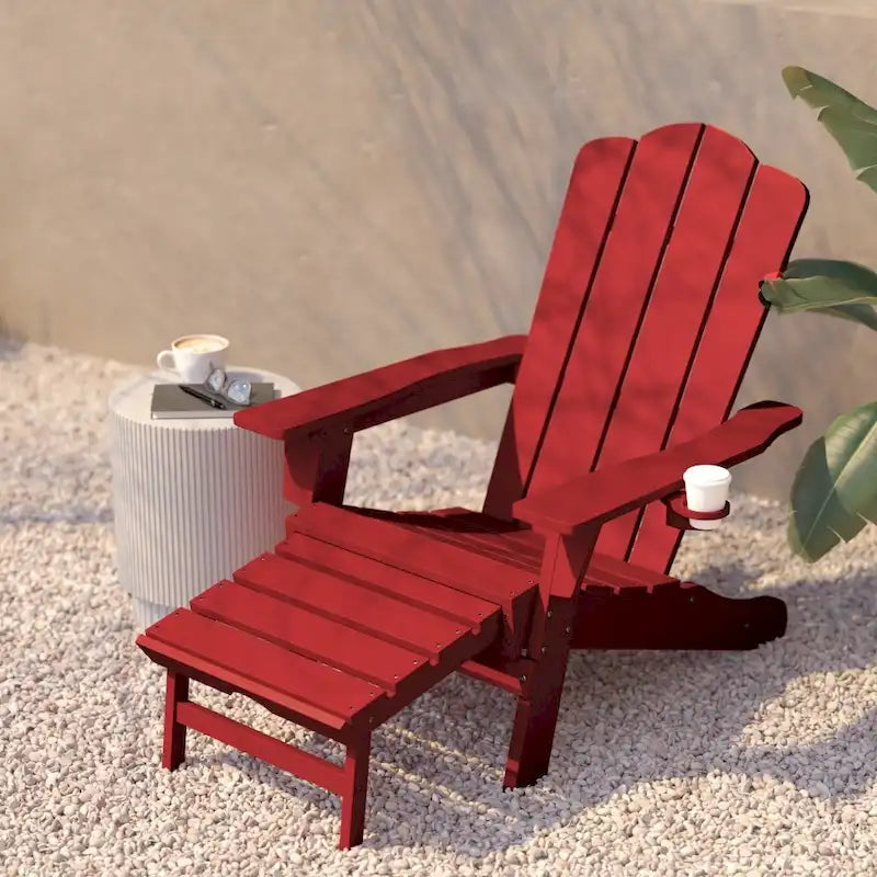 Commercial All-Weather Adirondack Chair with Pullout Ottoman & Cupholder